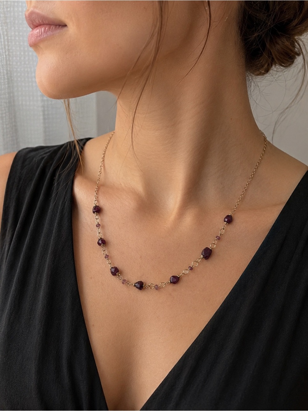 Berry Pink Tourmaline & Pink Tourmaline Gold Wire Necklace